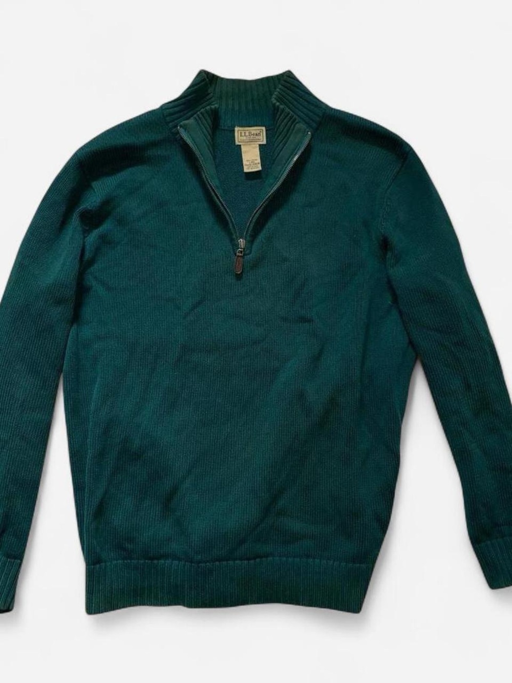L.L.Bean Half Zip Green‎ Sweater Large Sweatshirt Knit Turtleneck 100% Cotton
